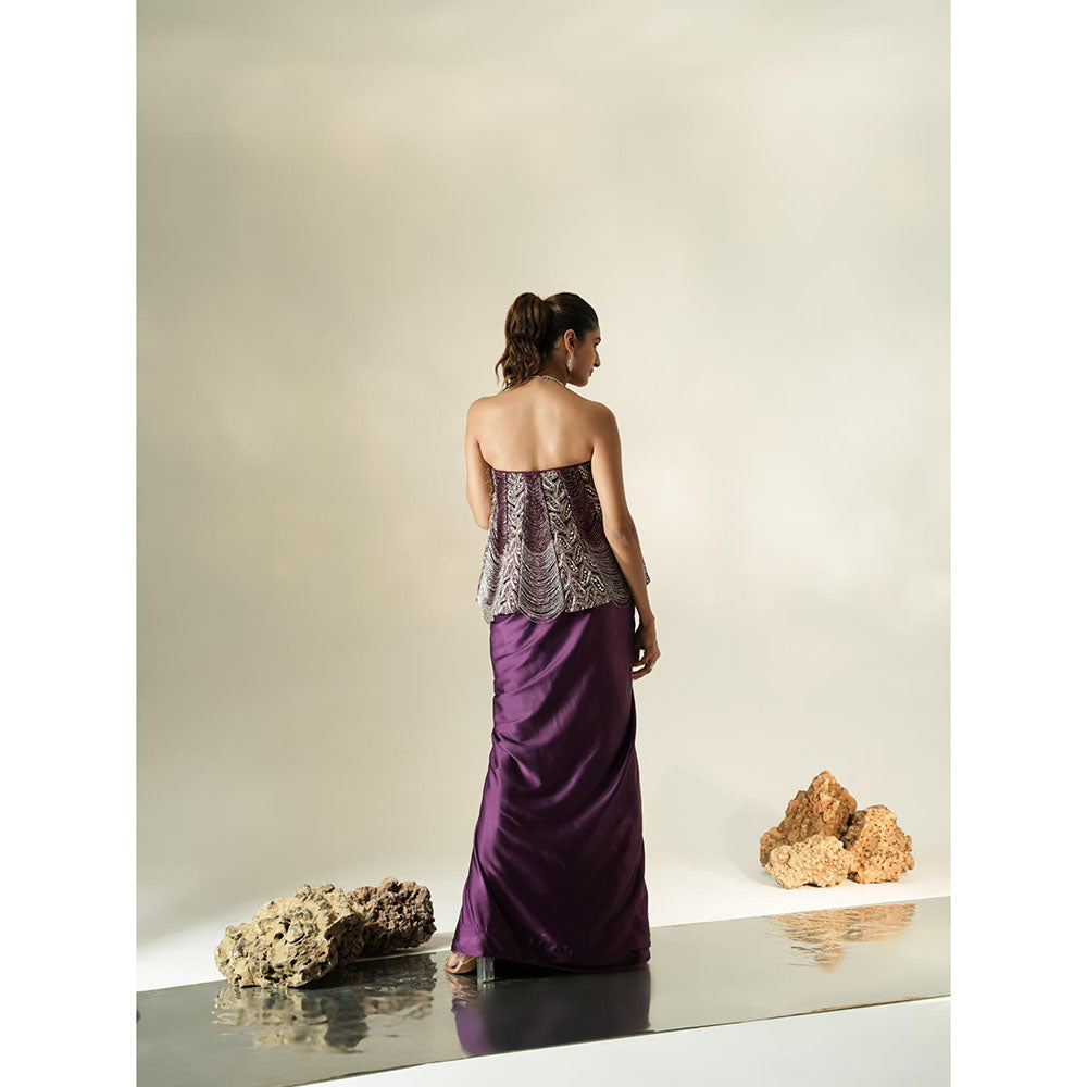Muskan Aggarwal Exotic Plum Strapless Tassel Embroidered Top with Drape Skirt