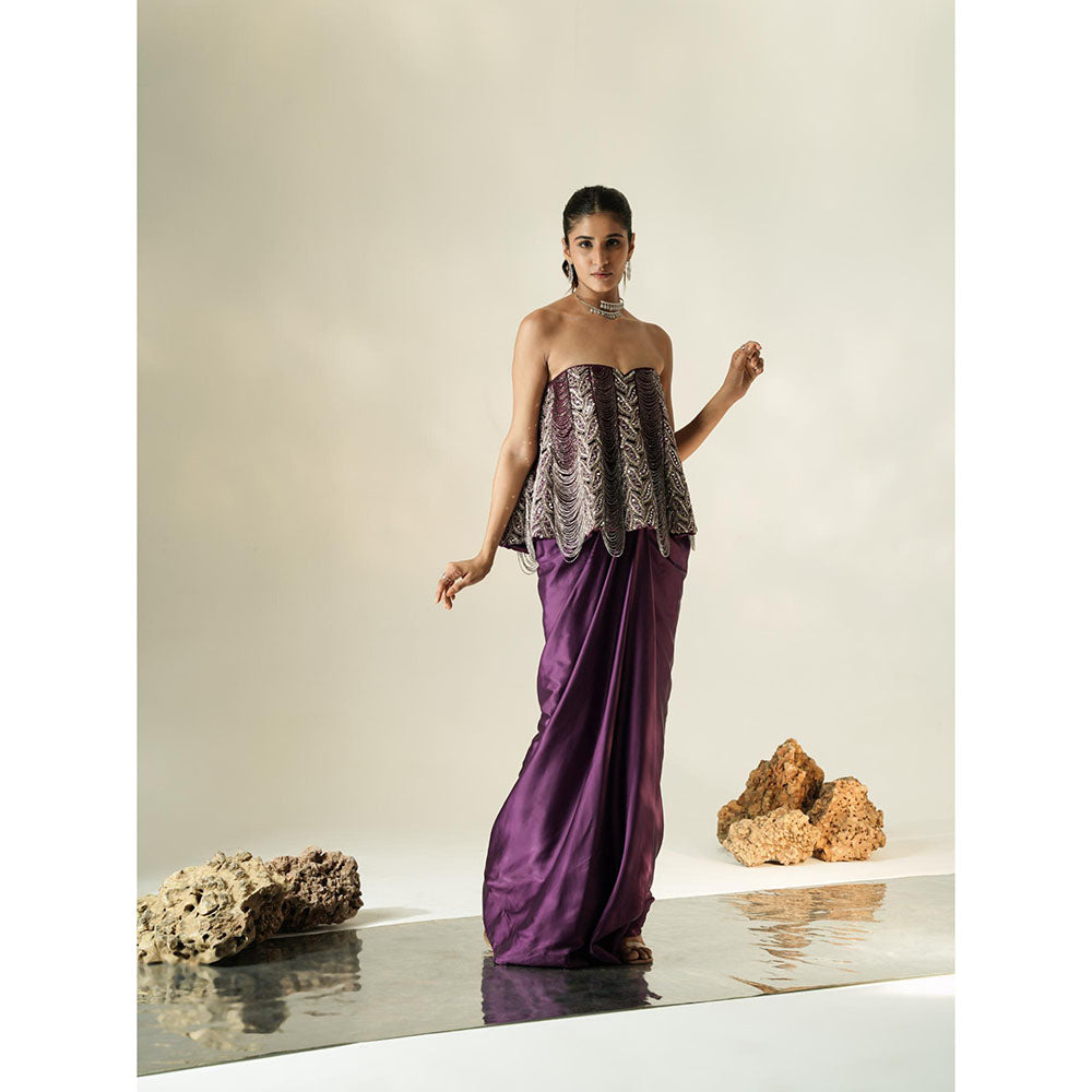 Muskan Aggarwal Exotic Plum Strapless Tassel Embroidered Top with Drape Skirt