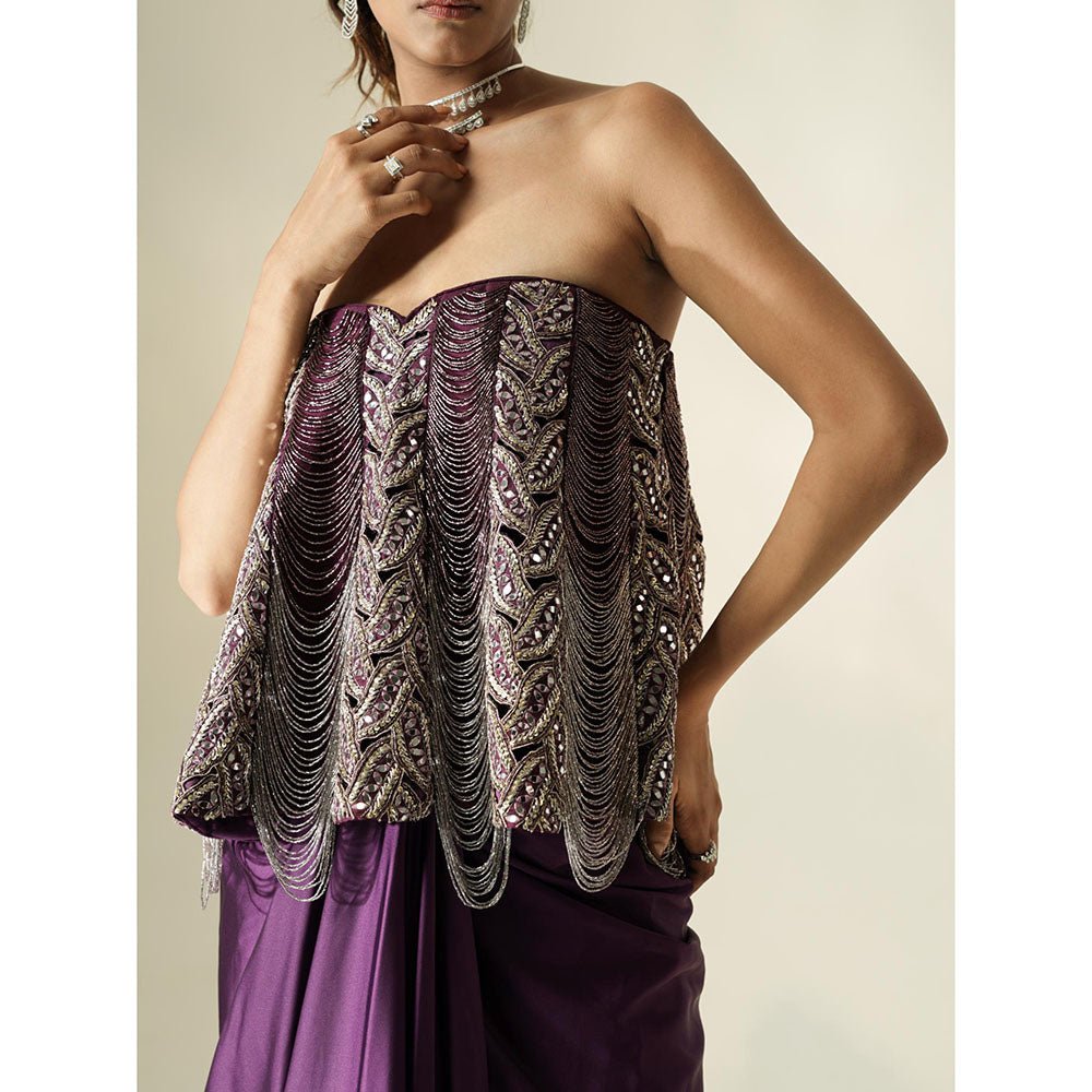 Muskan Aggarwal Exotic Plum Strapless Tassel Embroidered Top with Drape Skirt