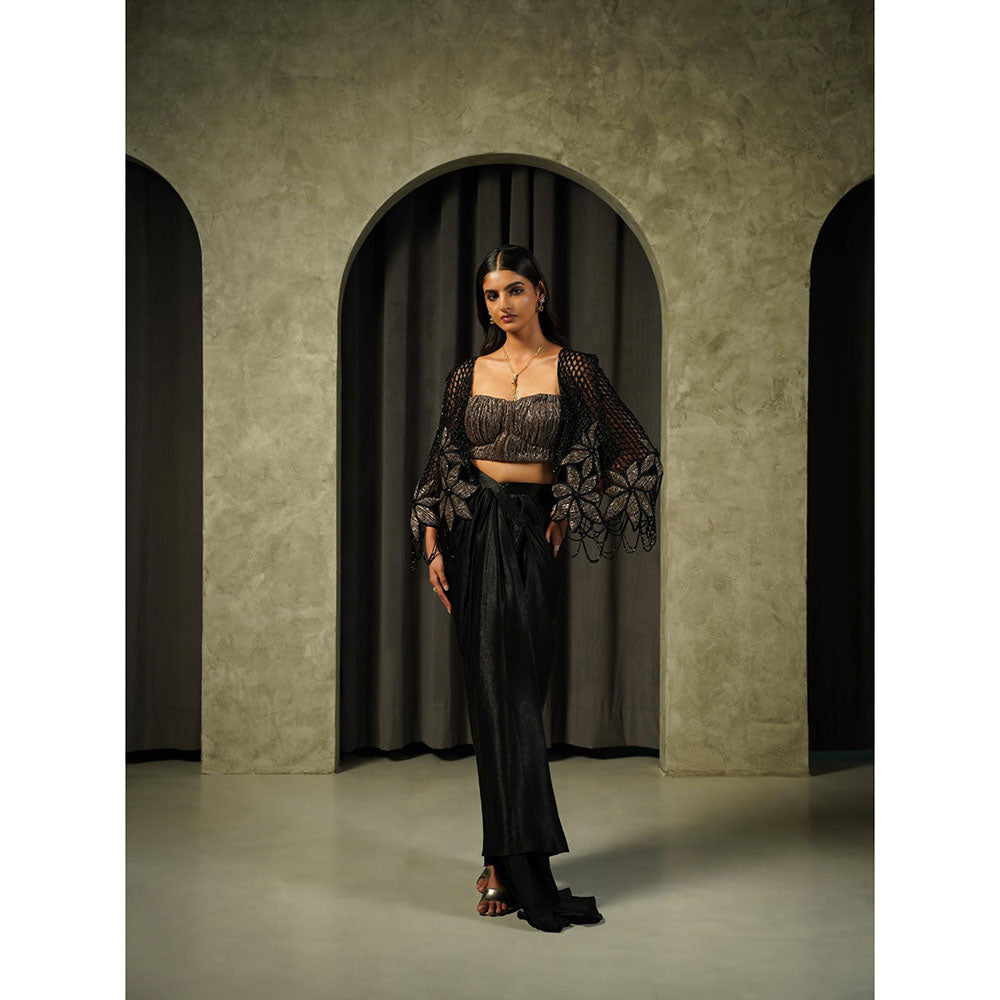 Muskan Aggarwal Black Pleated Embellished Blouse with Cape and Drape Skirt