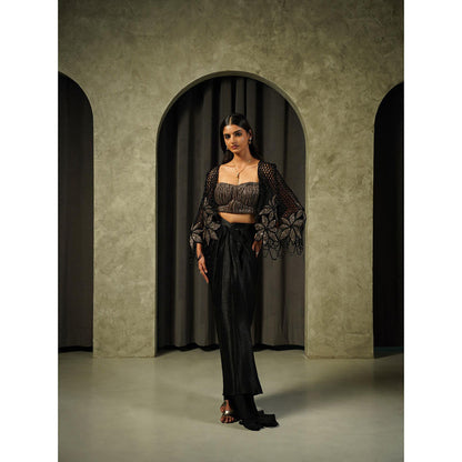 Muskan Aggarwal Black Pleated Embellished Blouse with Cape and Drape Skirt
