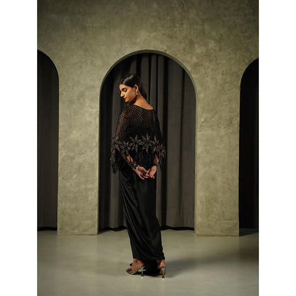 Muskan Aggarwal Black Pleated Embellished Blouse with Cape and Drape Skirt