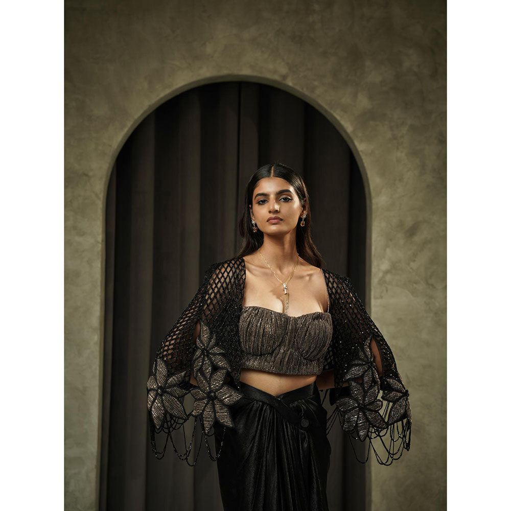 Muskan Aggarwal Black Pleated Embellished Blouse with Cape and Drape Skirt
