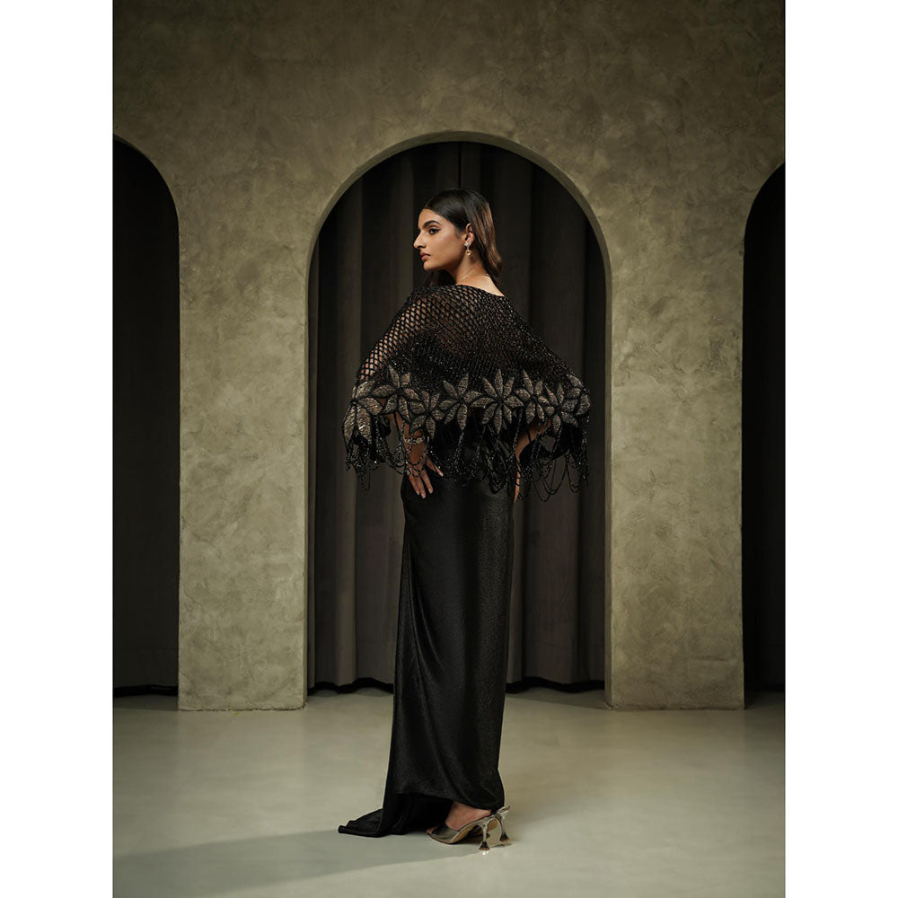Muskan Aggarwal Black Pleated Embellished Blouse with Cape and Drape Skirt