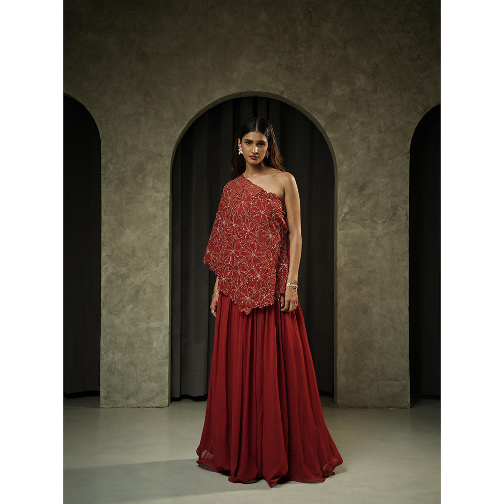 Muskan Aggarwal Bright Red Anarkali Dress with One Shoulder Cape