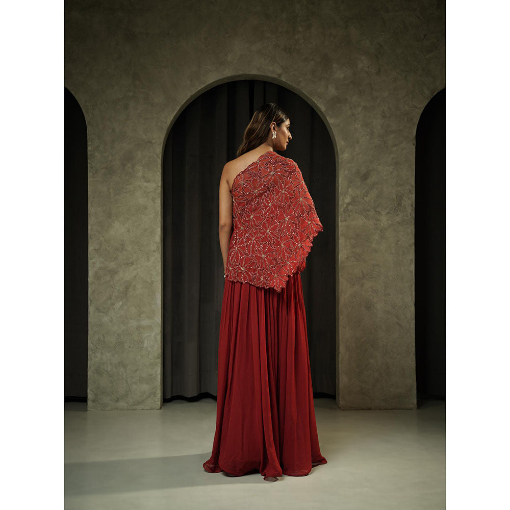 Muskan Aggarwal Bright Red Anarkali Dress with One Shoulder Cape