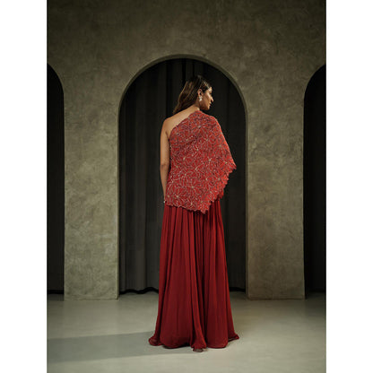 Muskan Aggarwal Bright Red Anarkali Dress with One Shoulder Cape