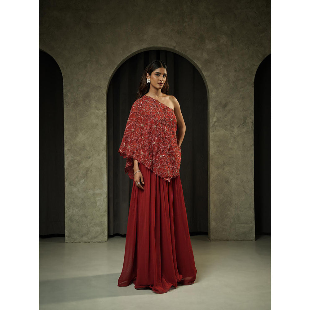 Muskan Aggarwal Bright Red Anarkali Dress with One Shoulder Cape