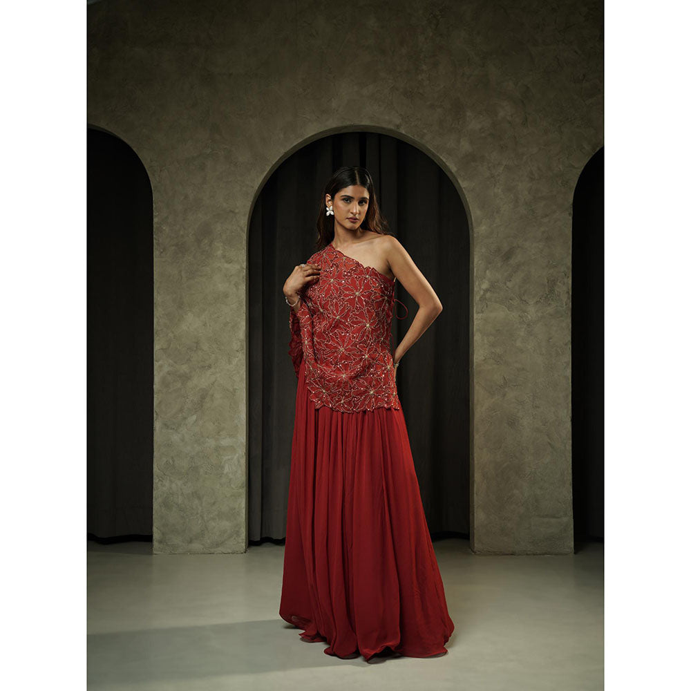 Muskan Aggarwal Bright Red Anarkali Dress with One Shoulder Cape