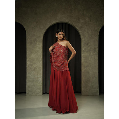 Muskan Aggarwal Bright Red Anarkali Dress with One Shoulder Cape