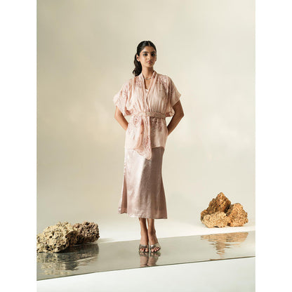 Muskan Aggarwal Blush Pink Fit And Flare Midi Dress with Embroidered Cape with Belt