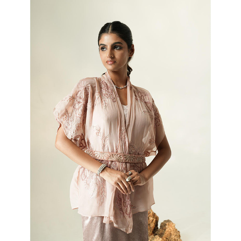 Muskan Aggarwal Blush Pink Fit And Flare Midi Dress with Embroidered Cape with Belt