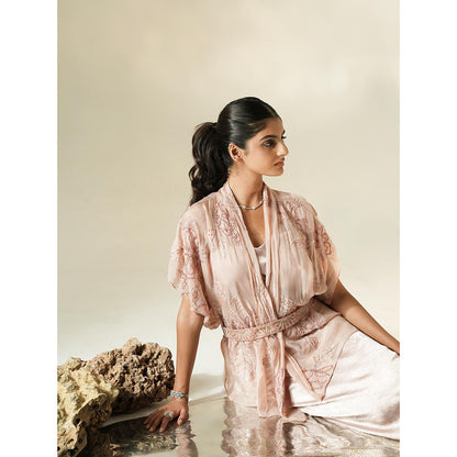 Muskan Aggarwal Blush Pink Fit And Flare Midi Dress with Embroidered Cape with Belt