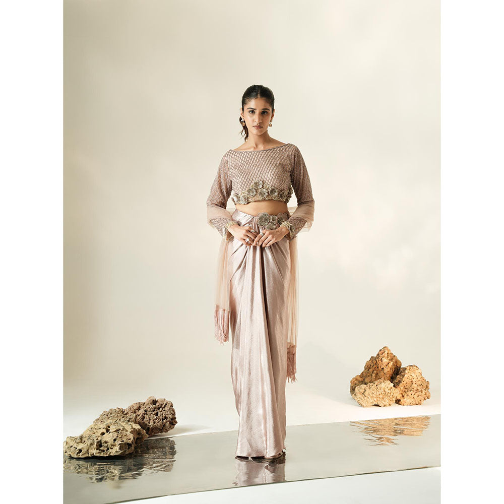 Muskan Aggarwal Blush Pink Embroidered Blouse with Skirt & Tassel Dupatta