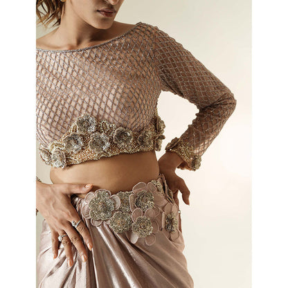 Muskan Aggarwal Blush Pink Embroidered Blouse with Skirt & Tassel Dupatta