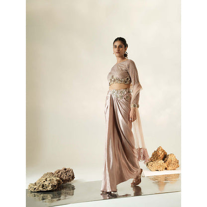 Muskan Aggarwal Blush Pink Embroidered Blouse with Skirt & Tassel Dupatta