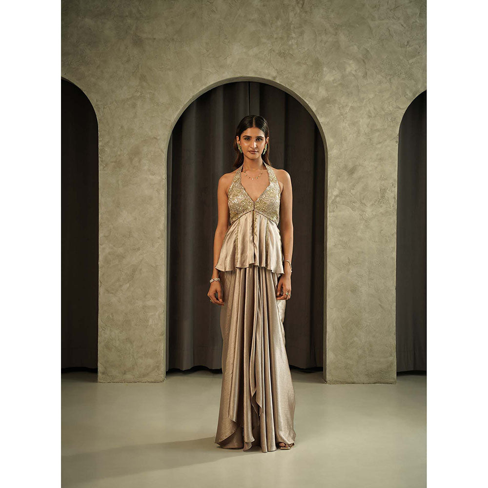 Muskan Aggarwal Luminance Gold Halter Neck Peplum Top with Drape Skirt