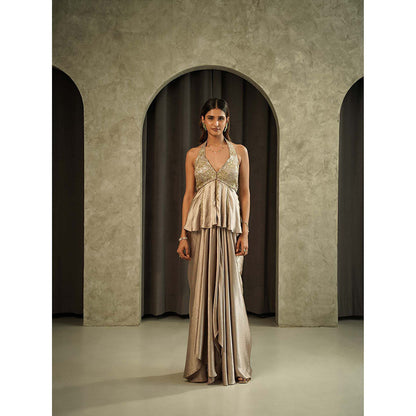 Muskan Aggarwal Luminance Gold Halter Neck Peplum Top with Drape Skirt