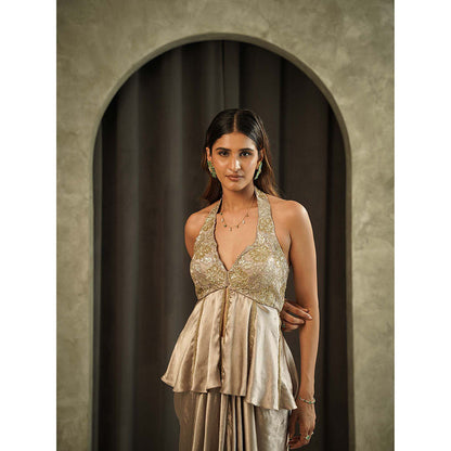 Muskan Aggarwal Luminance Gold Halter Neck Peplum Top with Drape Skirt