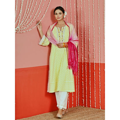 Myaara Yellow Cotton Kurta And Pant With Self-Embroidery And Organza Dupatta (Set of 3)