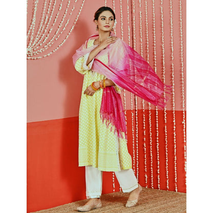 Myaara Yellow Cotton Kurta And Pant With Self-Embroidery And Organza Dupatta (Set of 3)