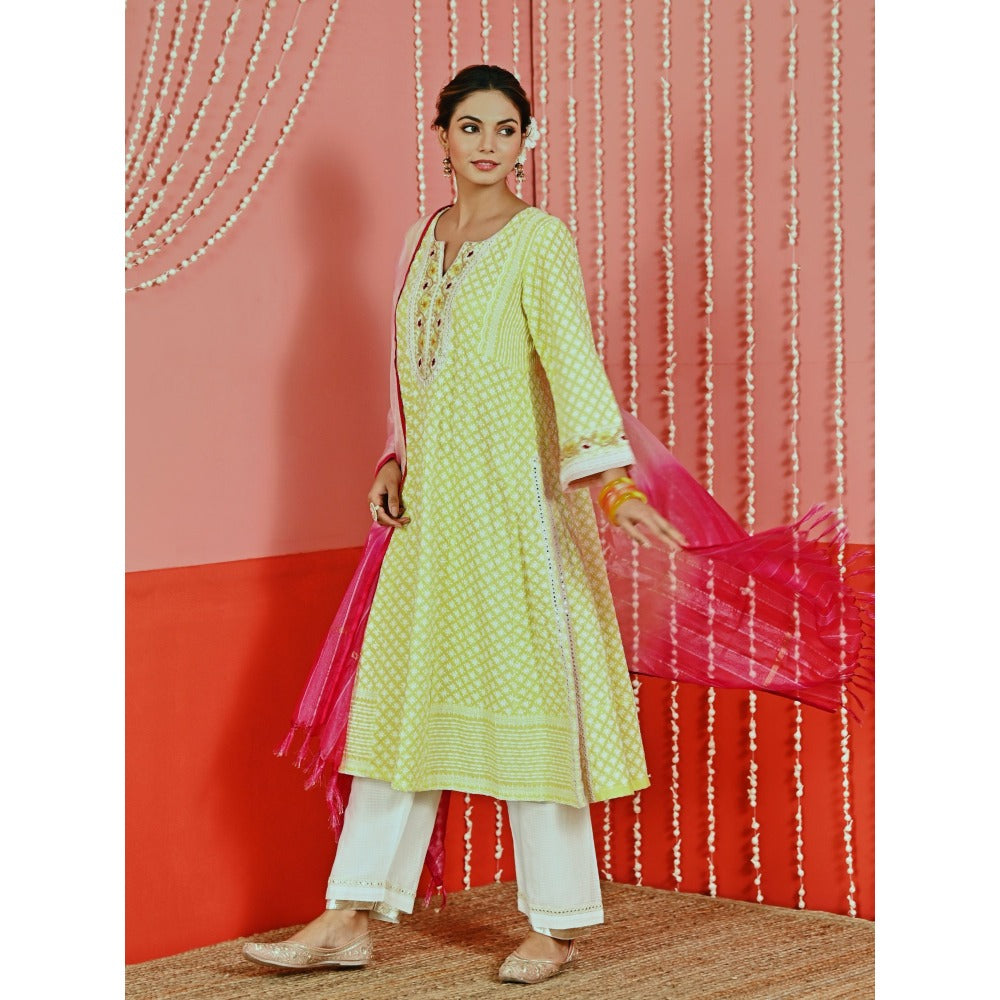 Myaara Yellow Cotton Kurta And Pant With Self-Embroidery And Organza Dupatta (Set of 3)