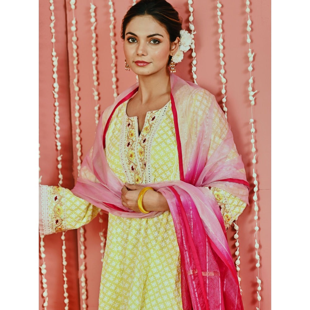 Myaara Yellow Cotton Kurta And Pant With Self-Embroidery And Organza Dupatta (Set of 3)