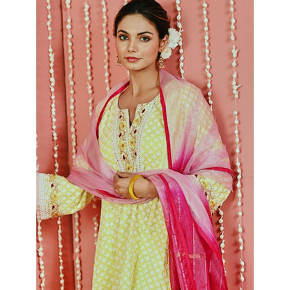 Myaara Yellow Cotton Kurta And Pant With Self-Embroidery And Organza Dupatta (Set of 3)