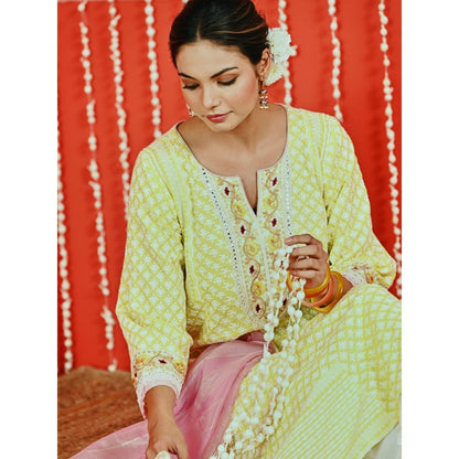 Myaara Yellow Cotton Kurta And Pant With Self-Embroidery And Organza Dupatta (Set of 3)