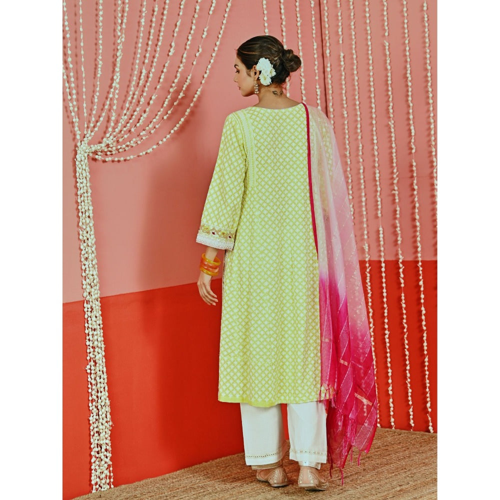 Myaara Yellow Cotton Kurta And Pant With Self-Embroidery And Organza Dupatta (Set of 3)