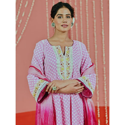 Myaara Pink Cotton Ethnic Kurta And Pant With Self-Embroidery And Organza Dupatta (Set of 3)