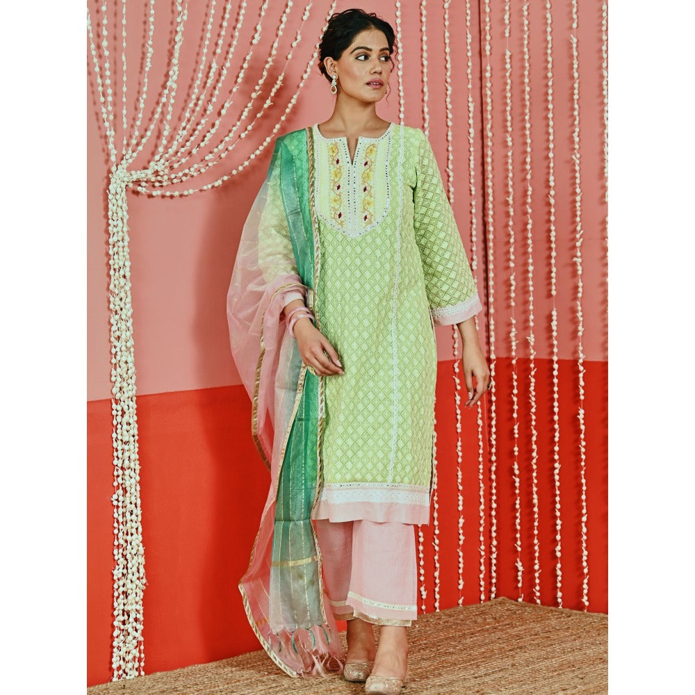 Myaara Green Cotton Kurta And Pant With Self-Embroidery And Organza Dupatta (Set of 3)