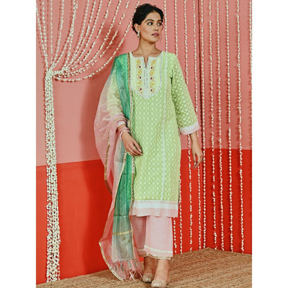 Myaara Green Cotton Kurta And Pant With Self-Embroidery And Organza Dupatta (Set of 3)