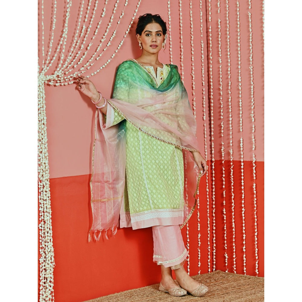 Myaara Green Cotton Kurta And Pant With Self-Embroidery And Organza Dupatta (Set of 3)