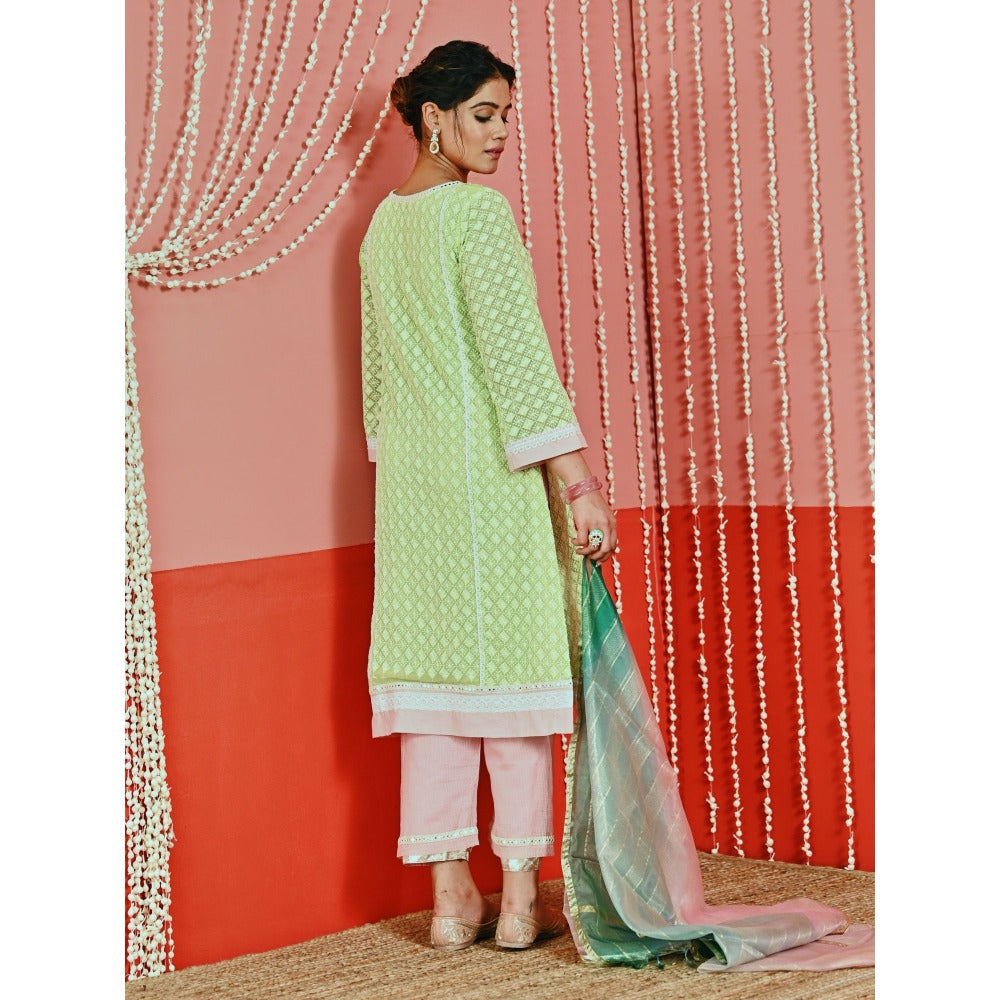 Myaara Green Cotton Kurta And Pant With Self-Embroidery And Organza Dupatta (Set of 3)