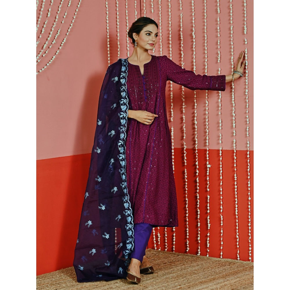 Myaara Wine Sequin Embroidered A-Line Kurta And Pant With Organza Dupatta (Set of 3)
