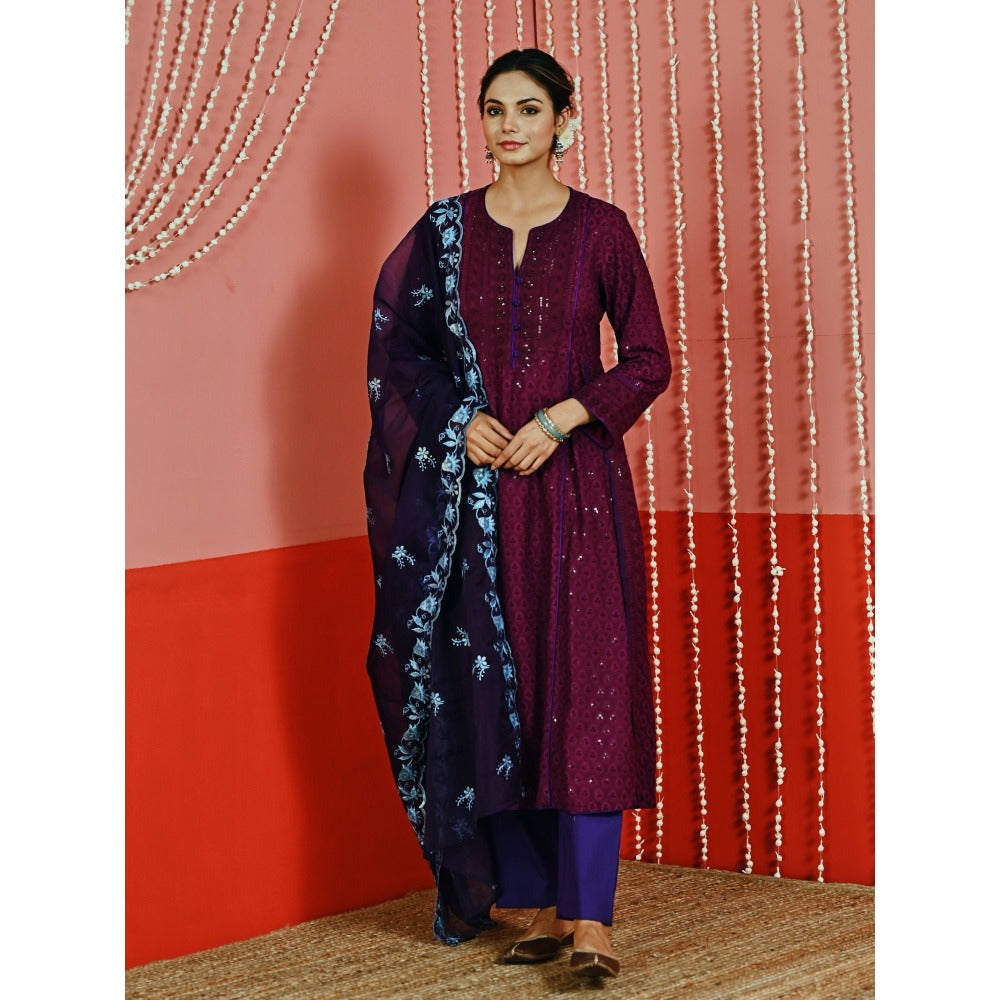 Myaara Wine Sequin Embroidered A-Line Kurta And Pant With Organza Dupatta (Set of 3)
