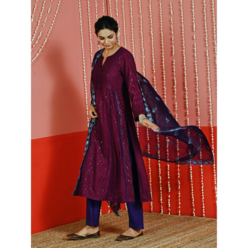 Myaara Wine Sequin Embroidered A-Line Kurta And Pant With Organza Dupatta (Set of 3)
