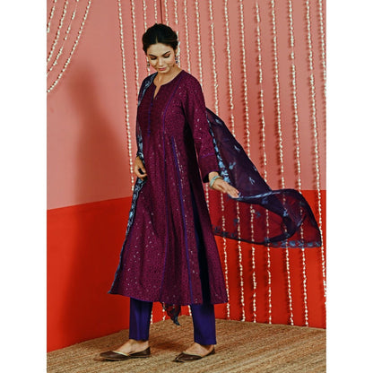 Myaara Wine Sequin Embroidered A-Line Kurta And Pant With Organza Dupatta (Set of 3)