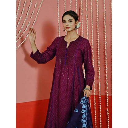 Myaara Wine Sequin Embroidered A-Line Kurta And Pant With Organza Dupatta (Set of 3)