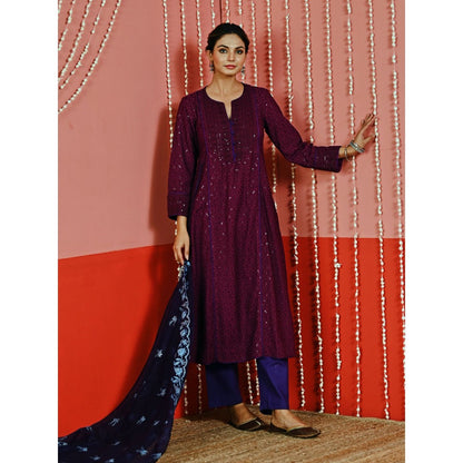 Myaara Wine Sequin Embroidered A-Line Kurta And Pant With Organza Dupatta (Set of 3)