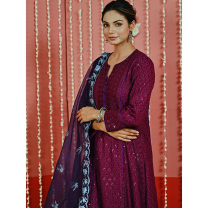 Myaara Wine Sequin Embroidered A-Line Kurta And Pant With Organza Dupatta (Set of 3)
