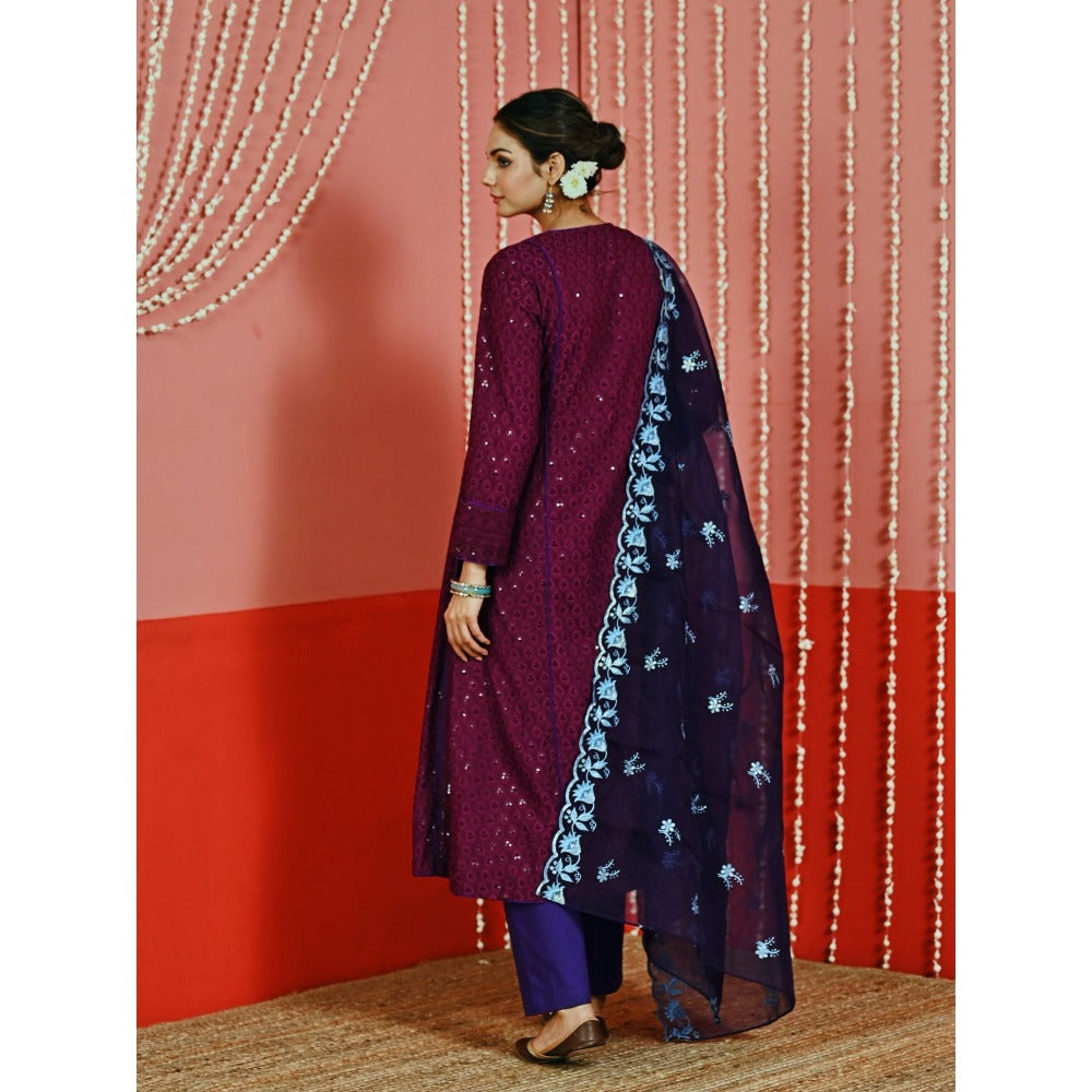 Myaara Wine Sequin Embroidered A-Line Kurta And Pant With Organza Dupatta (Set of 3)