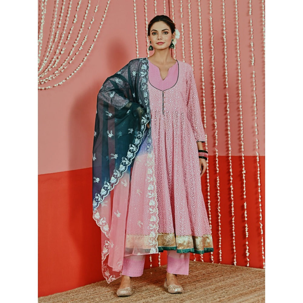 Myaara Pink Embroidered Georgette Anarkali And Pant With Ombre Organza Dupatta (Set of 3)