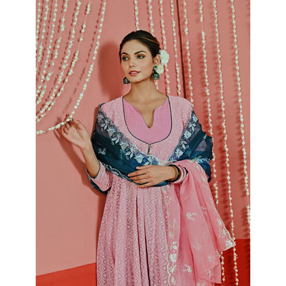 Myaara Pink Embroidered Georgette Anarkali And Pant With Ombre Organza Dupatta (Set of 3)