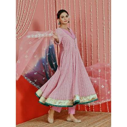 Myaara Pink Embroidered Georgette Anarkali And Pant With Ombre Organza Dupatta (Set of 3)