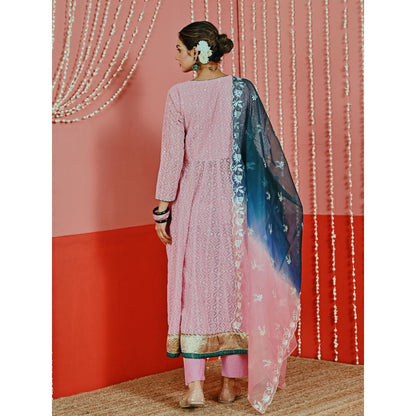 Myaara Pink Embroidered Georgette Anarkali And Pant With Ombre Organza Dupatta (Set of 3)