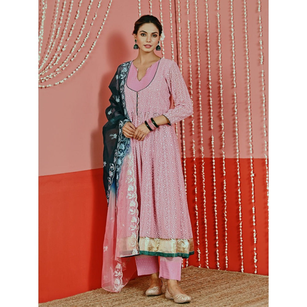 Myaara Pink Embroidered Georgette Anarkali And Pant With Ombre Organza Dupatta (Set of 3)