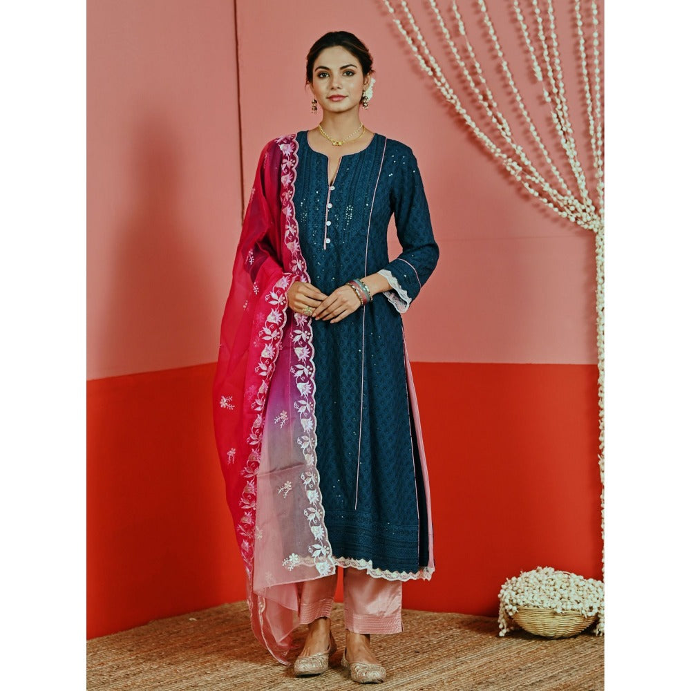 Myaara Teal Sequin Embroidered A-Line Kurta And Pant With Organza Dupatta (Set of 3)