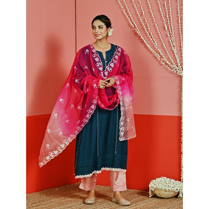 Myaara Teal Sequin Embroidered A-Line Kurta And Pant With Organza Dupatta (Set of 3)